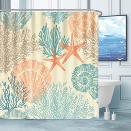 Tritard Nautical Coastal Waterproof Fabric Shower Curtain Starfish Seashell Coral Beach Themed Bath Curtain Ocean Shower Curtains for Bathroom with 12 Hooks, 72x72, Orange