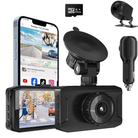 4K Dash Cam Front and Rear, 64GB SD Card, 3’’IPS Display Car Camera,4K+1080P Dual Dash Camera for Cars, Wi-Fi & App Control, Voice Control, Night Vision, 24H Parking Mode, G-Sensor