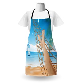 Ambesonne Beach Apron, Legs of the Lady Laying in the Hammock Toward the Ocean in Hawaiian Tropical, Unisex Kitchen Bib with Adjustable Neck for Cooking Gardening, Adult Size, Cream Blue