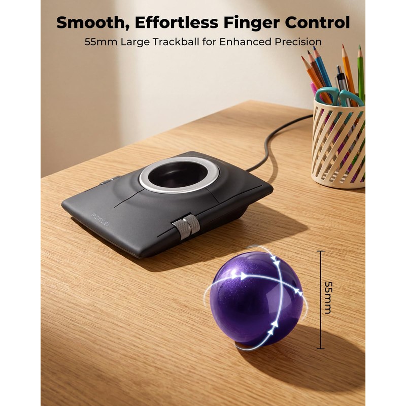 PORLEI Wired Trackball Mouse, Ergonomic Finger Control Trackball with 55mm