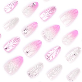Press On Nails Stick On Nails, Flower Summer Cute Designed Beauty Pattern in Glue on Nails, Fake Nails, Short Square Almond Long Ballet Shape on 24PCS (Purple Shell Pearl)