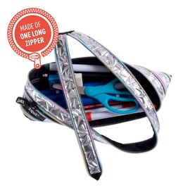 ZIPIT Metallic Pencil Case for Girls, Holds Up to 30 Pens, Pouch Made of One Long Zipper! (Silver-Rainbow)