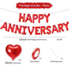 2 Set 16 Inch Happy Anniversary Balloons Letters Banner, Happy Anniversary Decorations, Happy Anniversary Balloons Sign for Valentines Day/Wedding Anniversary Party Decorations (Red Happy Anniversary)