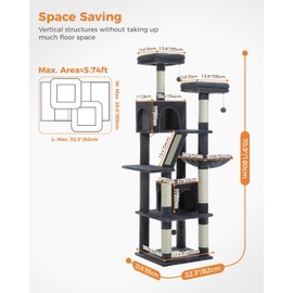 Cat Tree 80 Inches Large Cat Tower with Hammock, Sisal Scratching Ramp and Posts for Indoor Cats, Multi-Level Cat Activity Center with 2 Perches, 2 Condos and 2 Pompoms, Dark Grey