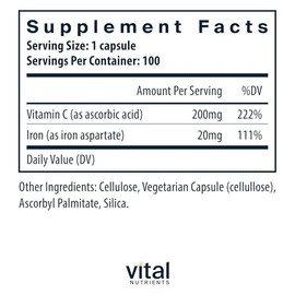 Vital Nutrients – Hierro Plus C (20 mg/200 mg) – Apoya la cognición saludable y los niveles de energía para hombres y mujeres – 100 cápsulas por botel