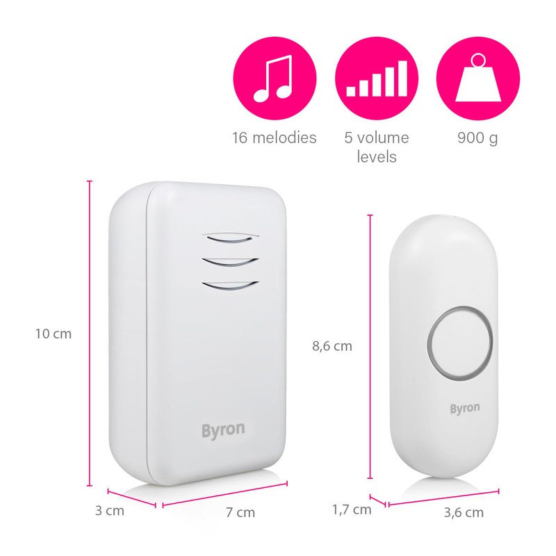 Byron DBY-22311 Wireless Portable Doorbell Set, 150 m Range, 16