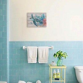 Teal Bathroom Decor Wall Art, Beach Turtle Swim Under the Ocean with Coral and Turquoise Seagrass on Rustic Wood Panel Background Sea Turtle Gifts for Women 16"x12" Framed and Ready to Hang