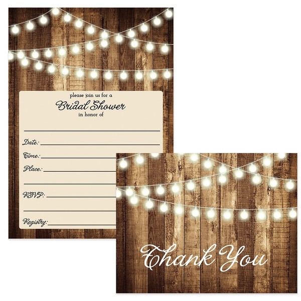 Digibuddha DB Party Studio SET of Rustic Bridal Shower Invitations & Thank You Cards with Envelopes (25 of each) Shabby Chic Fill In Wedding Party Invites Thank You Notes VS0007S