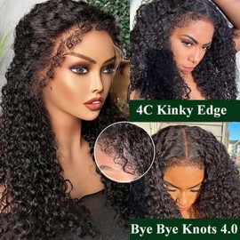 KLAIYI Kinky Edges Curly Bye Bye Knots Glueless Wig 7x5 Pre Cut Lace Front Wigs Human Hair Pre Bleached Pre Plucked 30 Easy to Wear and Go Wig 4C Deep Wave Ready to Go Wig with Curly Baby Hair 16Inch