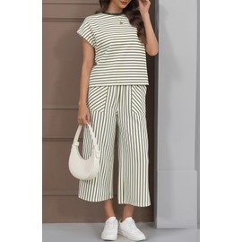 Sweetmoon 2 Piece Sets for Women Summer Outfits Short Sleeve Top Wide Leg Crop Pants Womens Matching Sets for Travel Vacation Green Striped L