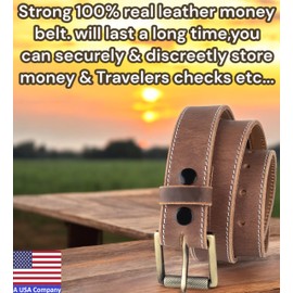 Men’s Money Full Grain leather Belt, Hidden zipper Pocket, USA,classic BROWN,MB20,size 30