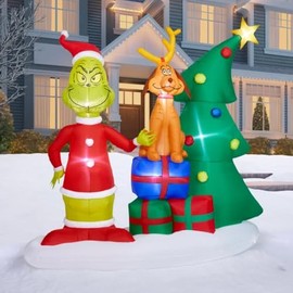 6.8 ft Gemmy Inflatable Grinch and Max Christmas Yard Scene, 6 LED Lights, Metal Stakes Included