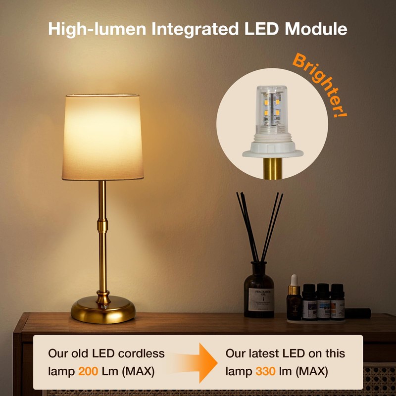 Folux Cordless Gold LED Table lamp, 5200-mAh Rechargeable Battery, 3-Level