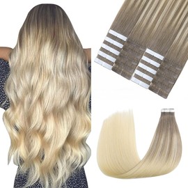 Sindra Tape in Hair Extensions Ash Brown to Platinum Blonde Tape Human Hair Extensions 22 Inch Seamless Skin Weft Double Sided PU Glue in Extensions Invisible 50 Grams T#8/60 22in