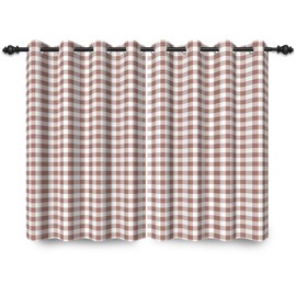 ggaimwf 117 x 138 cm Plaid Eyelet Curtain Buffalo Check Brown White Vichy Pattern Retro Square Pattern Farmhouse Insulated Grommet Blackout Window Curtains for Bedroom Living Room, 2 Panels