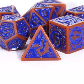 UDixi Burnt Orange with Blue Irregular Pattern Fill: 7-Piece Acrylic Dice Set