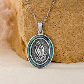 MEIDERBO Praying Hands Necklace for Women Men Sterling Silver Abalone Pendant Religion Jewelry for Birthday