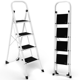 JungleA 4 Step Ladder, Folding Step Stool for Adults, Foldable Lightweight Portable Tall White Ladder Stool for Home Kitchen Closet Garage & Office, Wide Anti-Slip Pedal, 330 lbs Load Capacity
