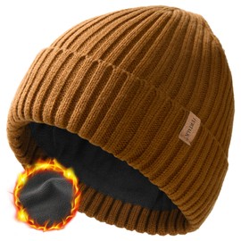 FURTALK Beanie Hat Men Women Fleece Lined Winter Hats Warm Thermal Hat Knit Cuffed Beanie Unisex Plain Skull Cap Camel