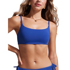 CRZ YOGA Womens Bikini Top A-C Adjustable Spaghetti Straps Bathing Suit Scoop Neck Padded Swimsuit Bra Waves Blue Medium