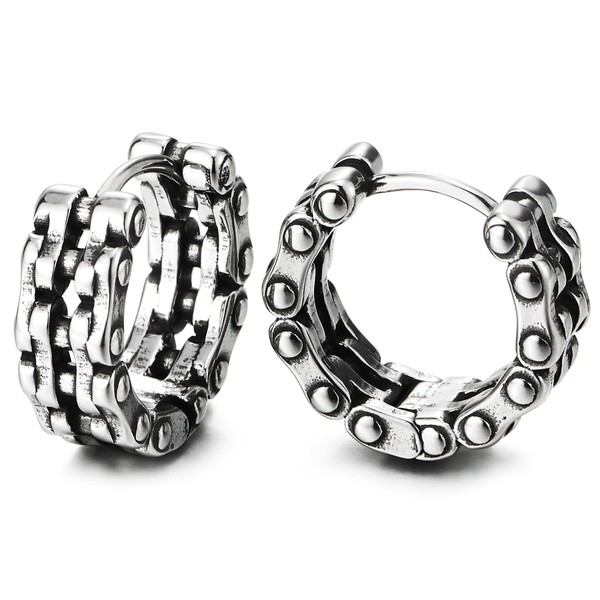 Bike Chain Hoop Earrings, Pair Mens Womens Stainless Steel Huggie