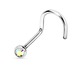 PiercedOff 316L Surgical Steel Nose screw with Aurora Borealis CZ Gem - Thickness 20GA (0.8mm) / Length 6mm / Gem Size 2mm