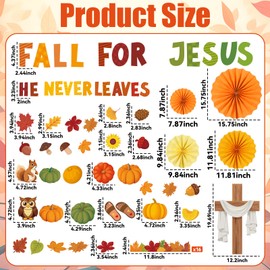 Fall for Jesus He Never Leaves Christian Bulletin Board Decoration with 3D Paper Fans Set Fall Maple Leaves Pumpkin Cross Cutout Religious Wall Decor for Classroom Sunday Preschool Church Chalkboard