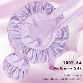Simnice Mulberry Silk Bonnet for Sleeping Women Curly Hair Bonnet With Tie Band ，Double Layer Anti-Frizz & Hair Protection，Purple