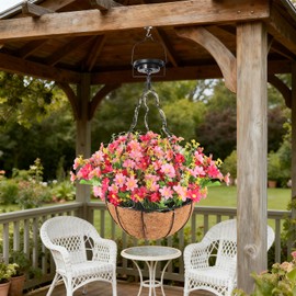 GOESWELL Hanging Basket with Artificial Flowers: Outdoor Fake Plants with Solar Lights Decor for Porch Patio Garden Home – Realistic Faux UV Resistant Pink Flower Basket with 2 Light Modes