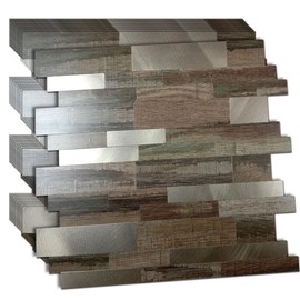 XUANINY Peel and Stick Metal Backsplash Tiles, Self Adhesive Aluminum 3D Wall Sticker, Wall Panels for Kitchen Bathroom, Bedroom, Living Room(11.81"x11.81") (Dark Wooden Grey+Frosted Champagne, 10)