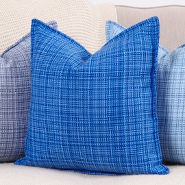 Madizz Woven Flange Outdoor Cushion Covers Polyester Linen Decorative Pillow Covers for Patio Sofa Bedroom Modern Pillow Shell 24x24 Inch, 60x60 cm Blue