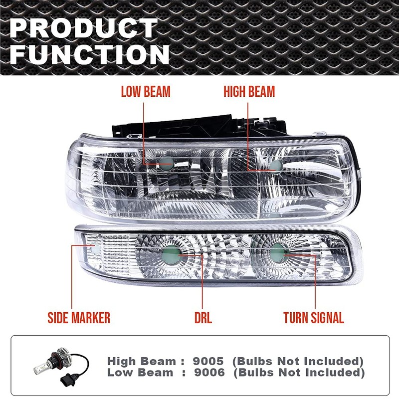 CNNELL Headlight Assembly Compatible with Chevy Silverado 1999-2002/ Suburban Tahoe