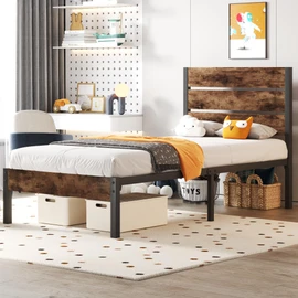 Fluest Twin Bed Frame with Headboard and Footboard, Metal Twin Bed Frame with Under Bed Storage, All-Metal Support System, No Box Spring Needed, Easy Assembly,Rustic Brown