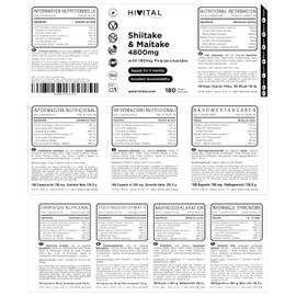 Shiitake und Maitake 4800 mg. 180 vegane Kapseln für eine 3-monatige Behandlung. 30% Polysaccharide. Mischung aus natürlichen Extrakten von Shitake und Maitake. Hergestellt von HIVITAL