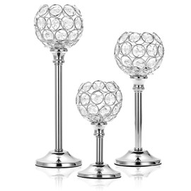 OwnMy Set of 3 Silver Crystal Bowl Candlestick Holders Metal Crystal Tealight Candelabras, Tall Crystal Votive Candlesticks Elegant Crystal Candle Stands for Dining Table Centerpiece Wedding Decor