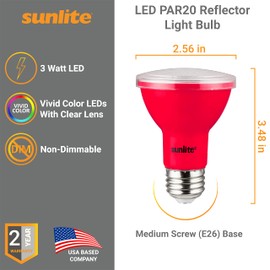 Sunlite 40247 LED PAR20 Colored Recessed Light Bulb, 3 Watt (50w Equivalent), Medium (E26) Base, Floodlight, ETL Listed, Red, 3 Count