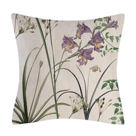 Fullfun Floral Cushion Covers with Pink Purple Flower and green leaf, Dense Linen Single Sided Print Throw Pillow Covers Decorative Throw Pillow Cases for Bedroom Sofa Chair 45cm x 45cm (2 Pack)