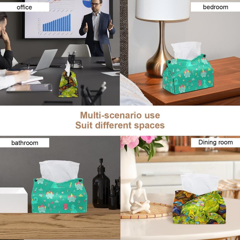 2 Pack Tissue Box Cover Holder, Green Dinosaurs Castle Rectangle
