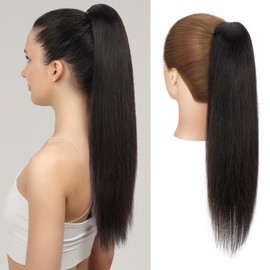 Charites Ponytail Extension, 18 Inch Claw Clip Ponytail Extension Human Hair Long Straight Jaw Clip in Real Hair Pony Tails Hairpieces for Women Natural Black