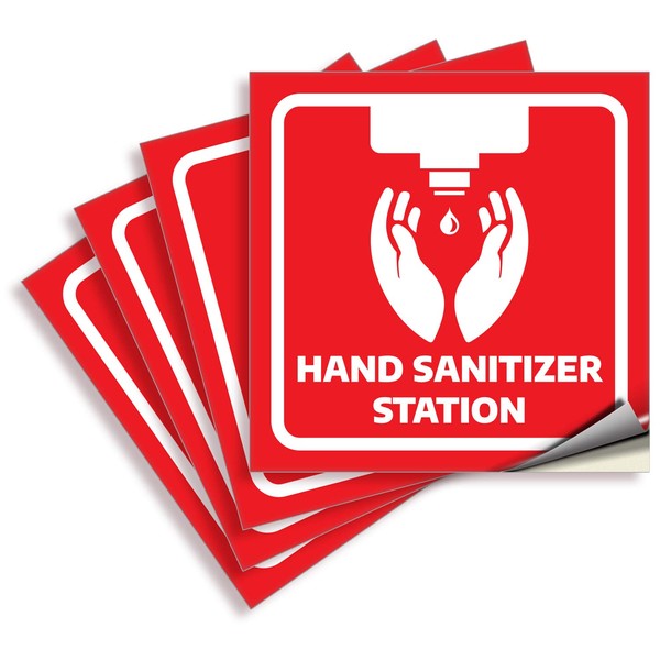 iSYFIX Hands Sanitizer Station Signs Stickers - 4 Pack 6x6 Inch - Red Premium Self-Adhesive Vinyl, Labels, Laminated for Ultimate UV, Weather, Scratch, Water and Fade Resistance, Indoor & Outdoor