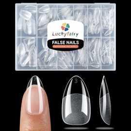 Luckyfairy Short Almond Fake Nails, 360pcs Soft Gel Pre-Shaped Acrylic Nail Tips, Half Matte Full Cover Clear Gelly Press on Flase Nail Tips for Extension Nail Manicure Home DIY 12 Sizes Gelly Tips