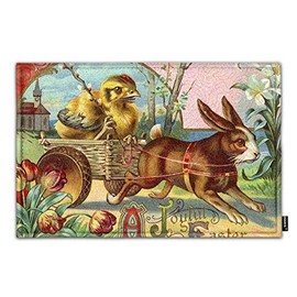 HOSNYE Easter Rugs MatVintage Easter Chick Ride Bunny Rabbit Basket Cart Wagon Flower Tulips Garden Doormat Bath Floor Kitchen Super Soft Flannel Fabric with Inner Thick Sponge Mats