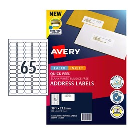 Avery Quick Peel™ A4 Labels for Laser & Inkjet Printers - Printable Packaging, Shipping & Address Labels - Mailing Stickers - White, 38.1 x 21.2 mm, 650 Labels / 10 Sheets (959419 / L7651)