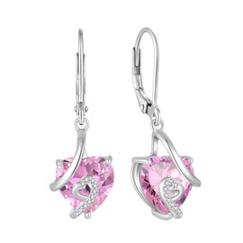 Aprila Women Love Heart Dangle Earrings 925 Sterling Silver Heart Leverback Drop Earrings with 5A Cubic Zirconia October Birthstone Tourmaline Color Jewelry