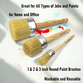 Set of 3 1, 2, 3 Inch Chalk & Wax Round Paint Brushes - High European Quality - Natural Bristles - for Home, Wood, Walls, Art, Trim & Furniture - for Acrylic, Oil, Stain, Chalk & Wax Paints