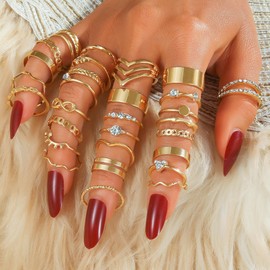 ZOVOLI Gold Knuckle Rings Set for Women, 14k Gold Plated Open Stacking Knuckle Midi Rings Dainty Cubic Zirconia Crystal Simple Hollow Cute Rings Pack Jewelry Gifte (Gold 30PCS)