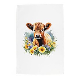 Purely Home Floral Highland Cow Calf Tea Towel - Farm Animals & Flowers Nature Gift/Present - Panama Cotton Kitchen Dish Towel/Drying Cloth - 67cm x 45cm