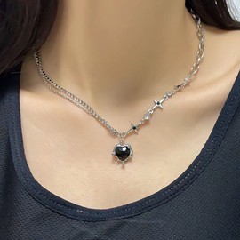 TseenYi Black Crystal Heart Necklace Love Heart Pendant Necklace Silver CZ Star Necklace Shiny Crystal Chain Necklace Punk Gemstone Layered Chain Jewellery for Women and Girls
