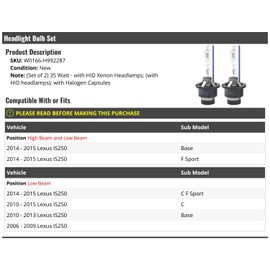 Marketplace Auto Parts Headlight Bulb Set of 2-35 Watt - with Halogen Capsules - Compatible with 2006-2015 IS250 (Models with HID Xenon Headlamps Only)