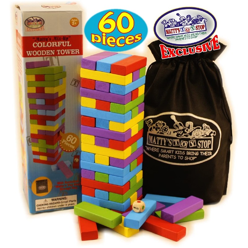 Matty's Mix-Up 60pc Large Colorful Wooden Tumble Tower Deluxe Stacking